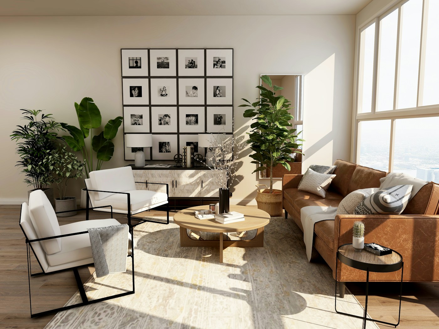 Contemporary living room with warm timber furniture and layered neutral furnishings